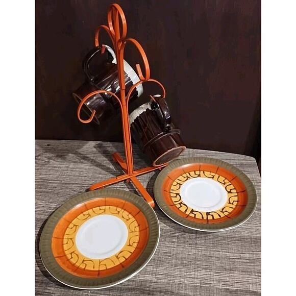 Vintage 70s Stacking 2 Mugs 2 Saucers Metal Mug Tree JAPAN MCM Brown Orange - Picture 1 of 8